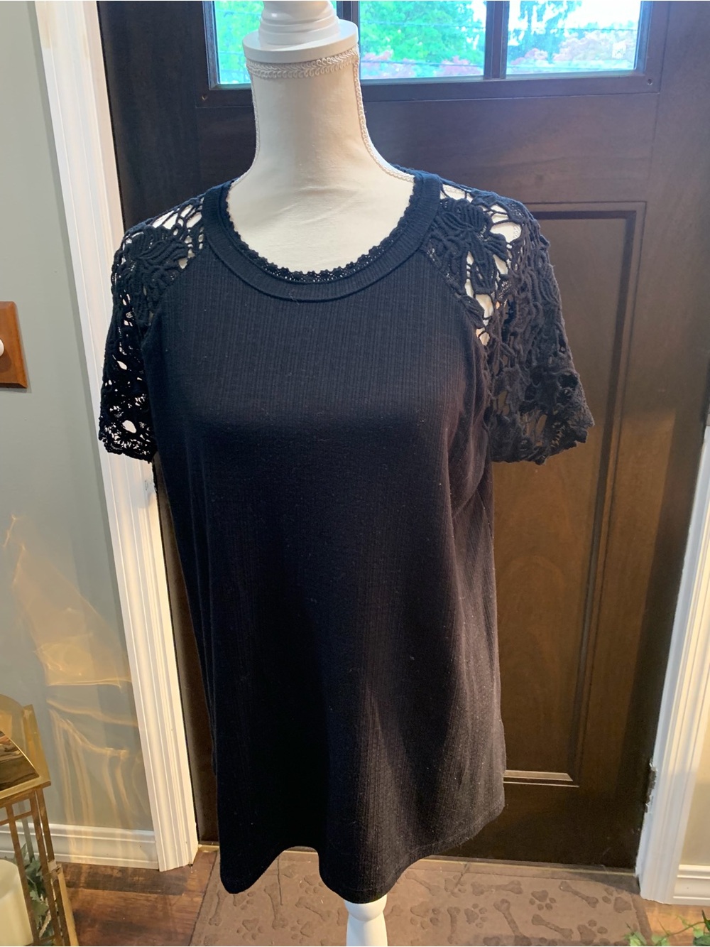 torrid Black Short-Sleeve Top with Lace Shoulders